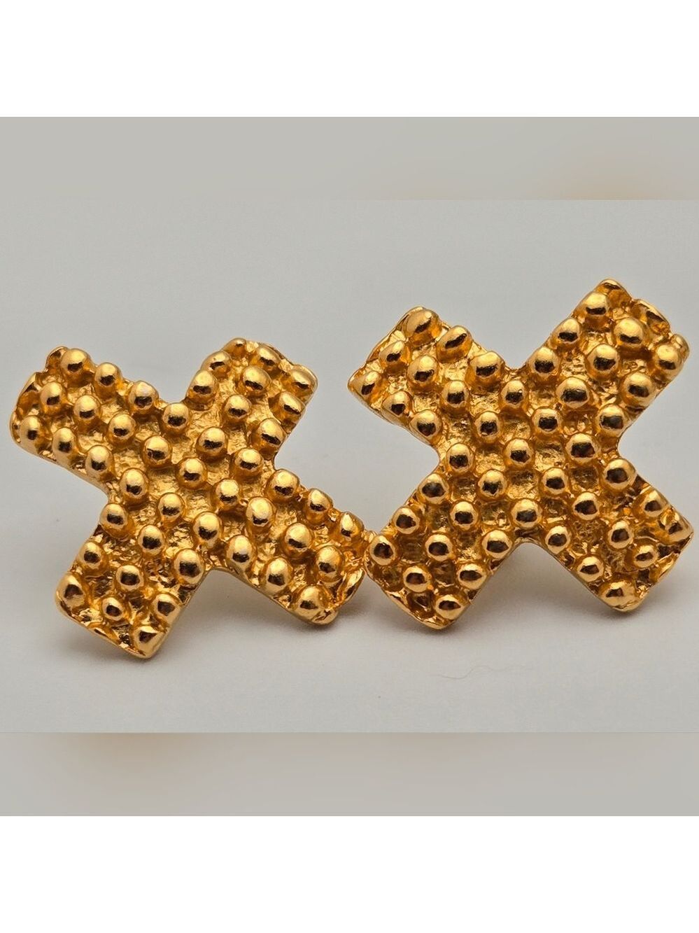 Cross Stud Earrings Gold Tone Beaded Statement Design Textured Vintage Fashion